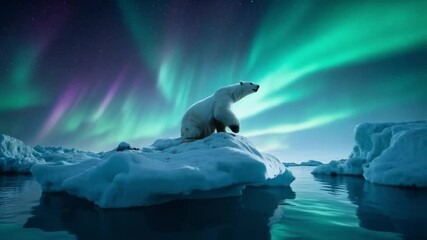 Polar bear sitting on ice under the northern lights in arctic sea at night with reflections video - Powered by Adobe