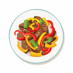 A savory dish of pepper steak stir-fry with colorful bell peppers and sesame seeds, served on a white plate. An overhead view illustration of a classic Asian meal.