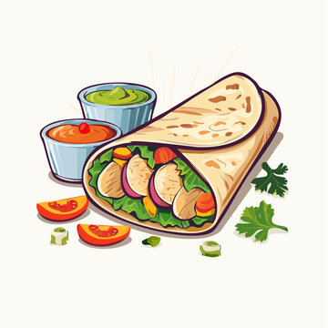 burrito with sauces, tomatoes, cilantro clip art preview