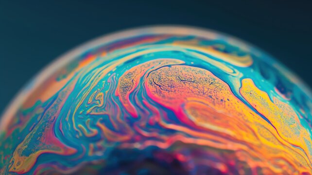 Colorful abstract pattern on soap bubble with vibrant swirls and bright hues reflecting light in artistic background