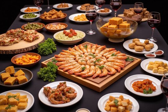 table filled with lots of different types of food