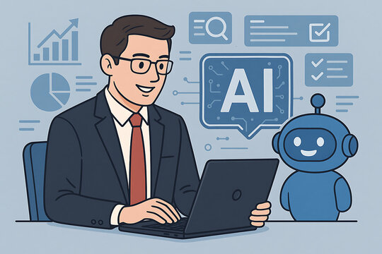 AI-powered business solutions, depicting a businessman utilizing a mobile phone with artificial intelligence integration and smart technology features