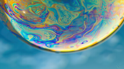 Colorful soap bubble reflections with vibrant swirling patterns, iridescent colors against blue sky background, capturing natural light and textures. Abstract surface concept.