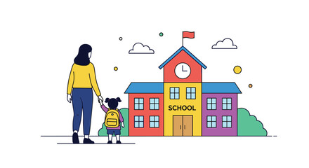 A caring parent walks their young child to their first day of elementary school a memorable milestone event