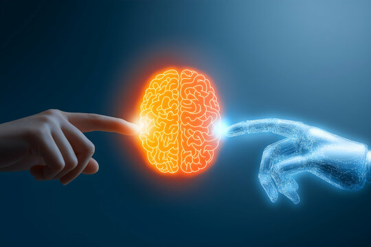 Human and robotic hands reaching to connect, symbolizing the fusion of artificial intelligence and human cognition.