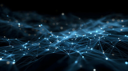 A digital abstract network of interconnected points and lines forming a glowing web pattern on a dark background, symbolizing data flow and connectivity.