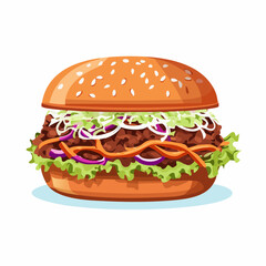 Gourmet Shredded Meat Sandwich Concept Vibrant Illustration of a Classic Burger with Crisp Lettuce, Red Onions, and Carrots on a Toasted Sesame Bun.