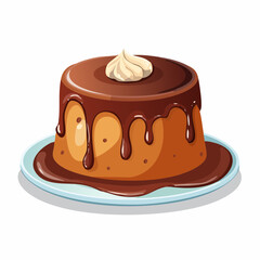 An appetizing illustration of a rich chocolate pudding cake, generously drizzled with glossy ganache and topped with a swirl of cream.