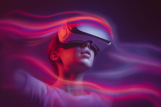 A woman wearing a virtual reality headset experiences immersive digital waves of vibrant pink and purple light in a futuristic setting.