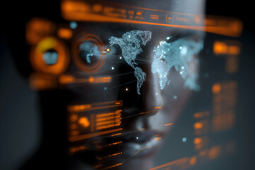 A futuristic digital interface overlays a person's face, highlighting a global network map and data analytics in vibrant orange and blue hues.