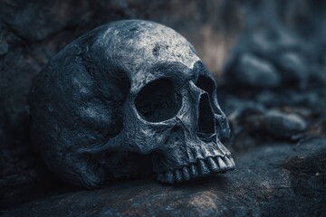 Stone skull on a rock weathered and grayscale with visible eye sockets and teeth