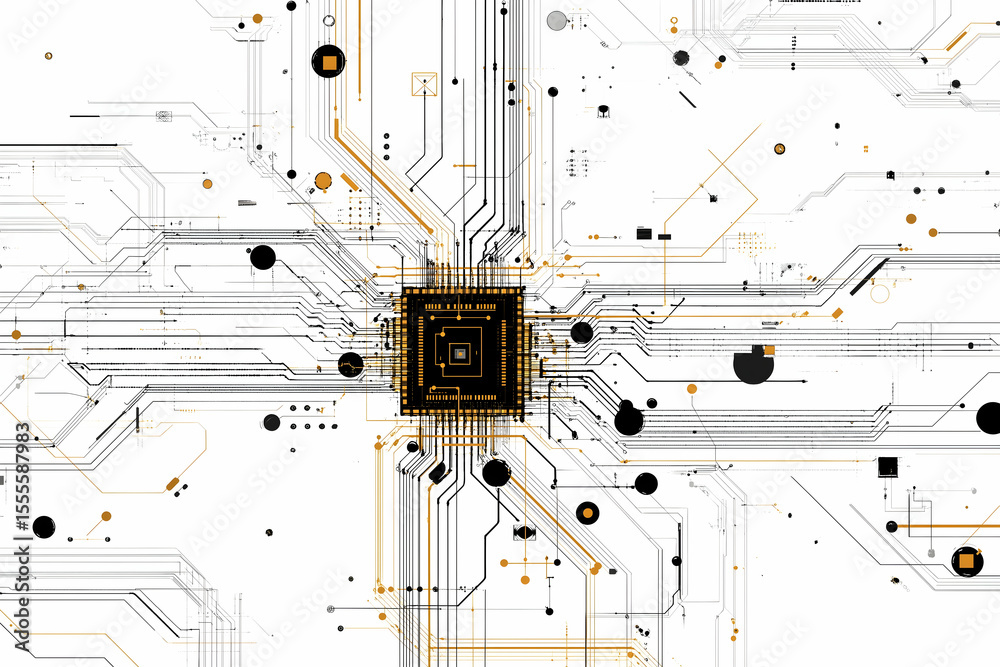 Aufkleber a complex digital circuit board with a central microchip and interconnected pathways, symbolizing te