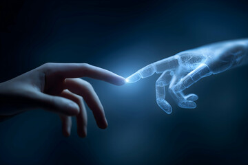 A human hand reaching out to touch a digital, wireframe robotic hand glowing in blue light against a dark background.