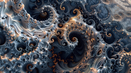 Ultra-clear, intricate fractal pattern with swirling spirals and branching structures, highlighted by luminous gold and dark tones. Abstract background concept.