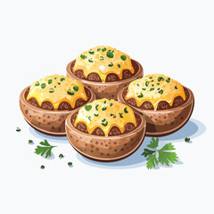 Four rustic bowls of savory meat bake topped with a creamy mashed potato gratin and fresh herbs. A classic comforting home-cooked meal concept.