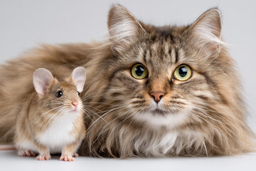 a fluffy cat and a small mouse sitting side by side peacefully
