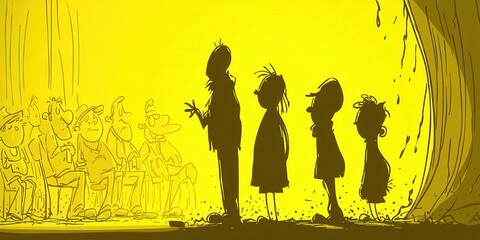 Silhouette of characters on stage with bright yellow backdrop during performance or presentation