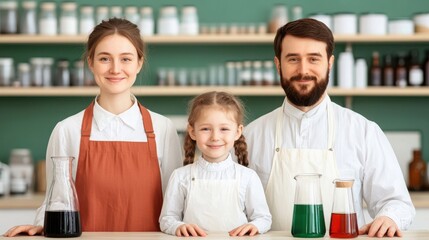 Family Team in Laboratory with Colorful Glassware and Science Equipment Smiling Happy Together