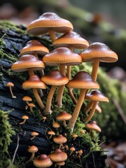 Glistening Honey Mushrooms Cluster on Mossy Log