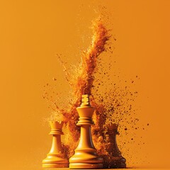 Dynamic Chess Pieces Surrounded by Explosive Orange Powder Creating a Bold Visual Impact