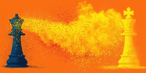 Chess Piece Transformation with Colorful Particles on Vibrant Orange Background