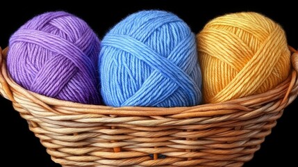 Colorful Yarn Balls in a Woven Basket Perfect for Crafting and Knitting Projects