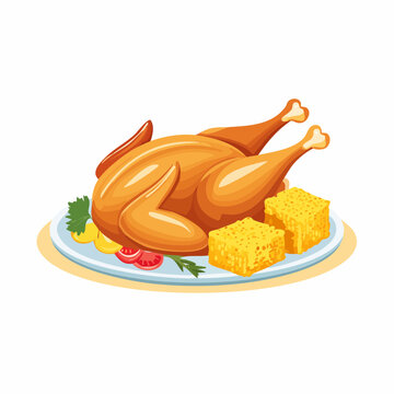 Golden roasted whole chicken served on a platter with cornbread for a traditional holiday celebration feast.