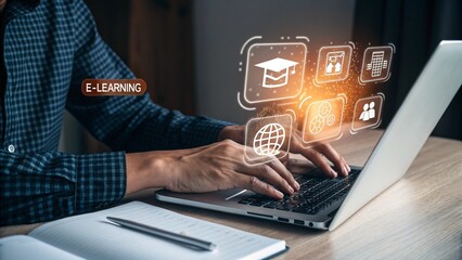 Person using a laptop for e learning with digital icons representing education global connectivity and collaboration appearing above the keyboard
