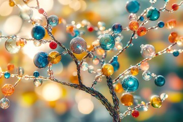 Colorful beaded tree with vibrant colors and sunlight