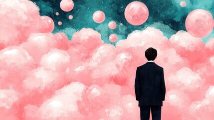Surreal Dreamscape with Figure in Suit Surrounded by Pink Clouds and Floating Bubbles