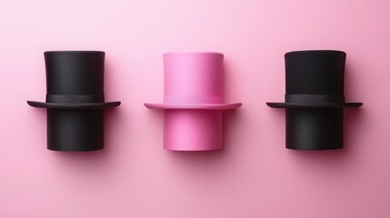 Elegant top hats in black and pink arranged on a soft pink background for fashion concepts