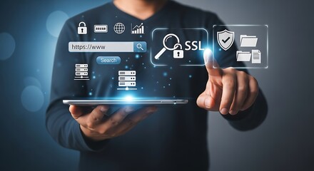 Man using tablet to access secure online data and ssl certificate protection for website security