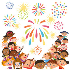 夏の大輪の花火を見上げる子供達