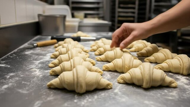 Hands Arranging Rows of Unbaked Croissants on a Flour Dusty Counter in Bakery Kitchen