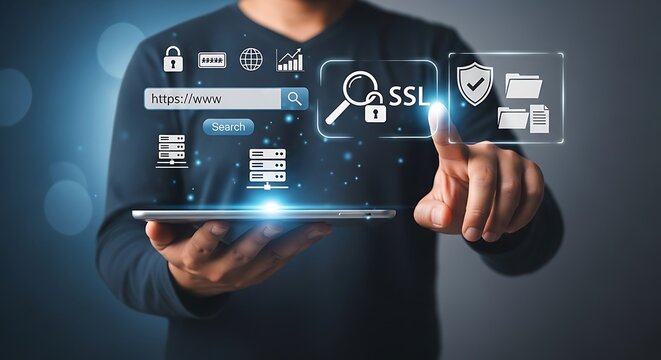 Man using tablet to access secure online data and ssl certificate protection for website security