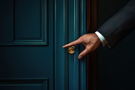 Businessman entering hotel room with hand reaching for the door handle, showcasing luxury and hospitality in a refined environment