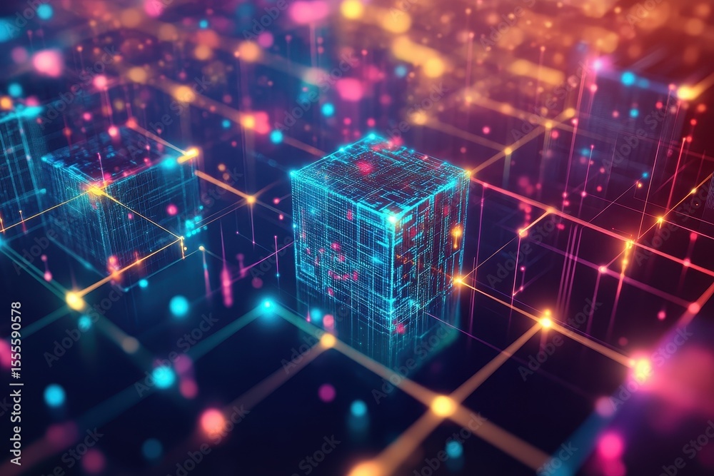 Fototapete Exploring the intricate world of technological graphics with glowing cubes and colorful patterns in a vibrant digital space