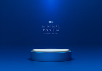 Blue round podium 3D background with ceiling lighting on the wall. Abstract composition in minimalist design. 3D Studio display showroom stands product pedestal, Fashion stage showcases mockup scene