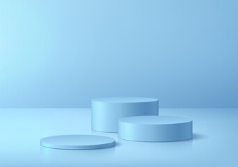 3D blue podium set background in empty clean room empty space. Abstract composition in minimalist design. Studio display showroom cosmetic product pedestal, Fashion stage showcase mockup scene.