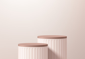3D cream round podium background with natural lighting on the wall. Abstract geometric composition in minimalist design. Studio display showroom product pedestal, Fashion stage showcase mockup scene.