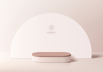 3D pink gold round podium background with semi-circle backdrop. Abstract geometric composition minimalist design. 3D Studio display showroom product pedestal, Fashion stage showcase mockup wall scene.