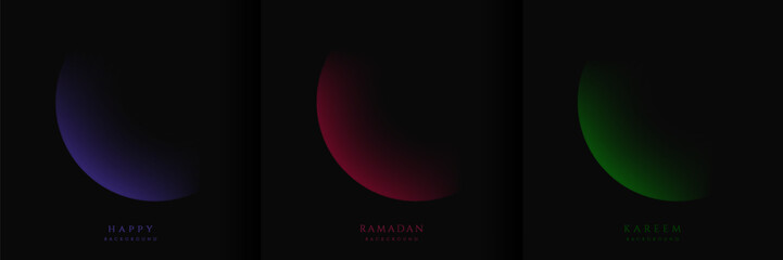 Set of Ramadan Kareem on dark background. Moon in paper cut style on blue, dark red, dark green. Islamic greeting card template with Eid al Adha Mubarak for wallpaper, Poster, Media banner, card.