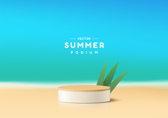 Round podium 3D summer background with beach scenery, summer decorations. Abstract composition in minimalist design. 3D studio display showroom product pedestal, Fashion stage showcase mockup scene.