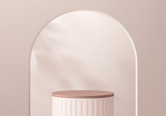 3D pink gold round podium background in arch gate with natural lighting. Abstract geometric composition minimalist design. Studio display showroom product pedestal, Fashion stage showcase mockup scene