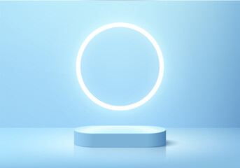 Light blue round podium 3D background with glowing neon circle backdrop. Abstract composition minimalist design. Studio display showroom cosmetic product pedestal, Fashion stage showcases mockup scene