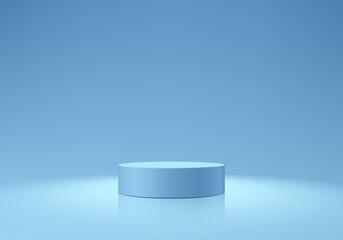 Light Blue podium 3D background with glow ceiling lighting on the wall. Abstract composition minimalist design. Studio display showroom cosmetic product pedestal, Fashion stage showcase mockup scene.
