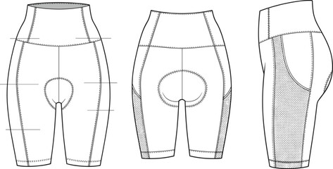  Cycling shorts technical flat, women padded sports shorts, compression activewear design, side mesh panels, front back side fashion sketchflat vector illustration