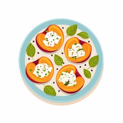 A delicious gourmet appetizer of fresh peaches stuffed with soft cheese and herbs, served on a plate. Top view of a healthy summer dish.