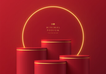 3D background with set of dark red round product podium with glow golden ring neon lighting. Abstract composition in minimalist design. Platforms mockup product display presentation. Stage showcase.