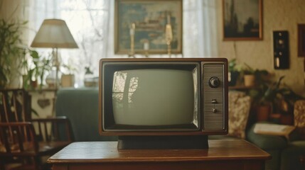 Vintage living room decor featuring old TV set, furniture, plant An television set is positioned